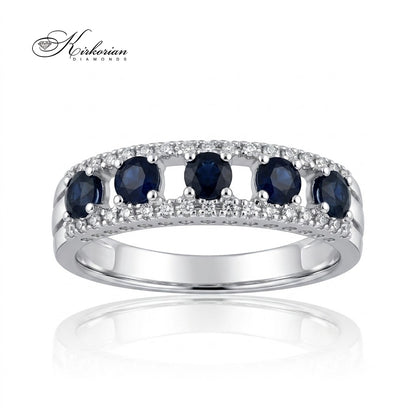 Пръстен Kirkorian Diamonds от бяло злато 18К с пет естествени сини сапфира (0.50 ct) и рамка от ситни диаманти (0.09 ct), модел RN32.