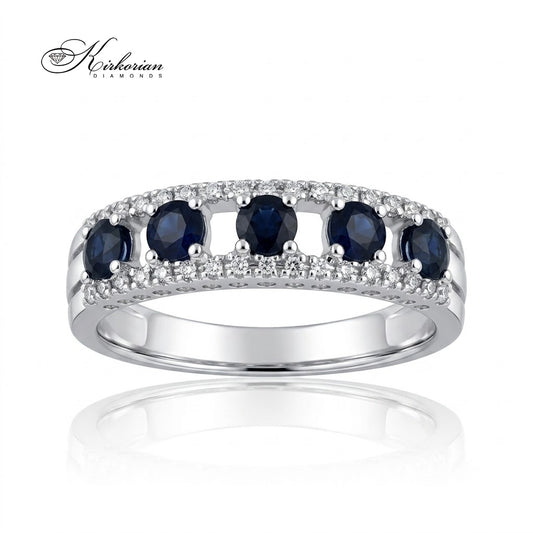 Пръстен Kirkorian Diamonds от бяло злато 18К с пет естествени сини сапфира (0.50 ct) и рамка от ситни диаманти (0.09 ct), модел RN32.
