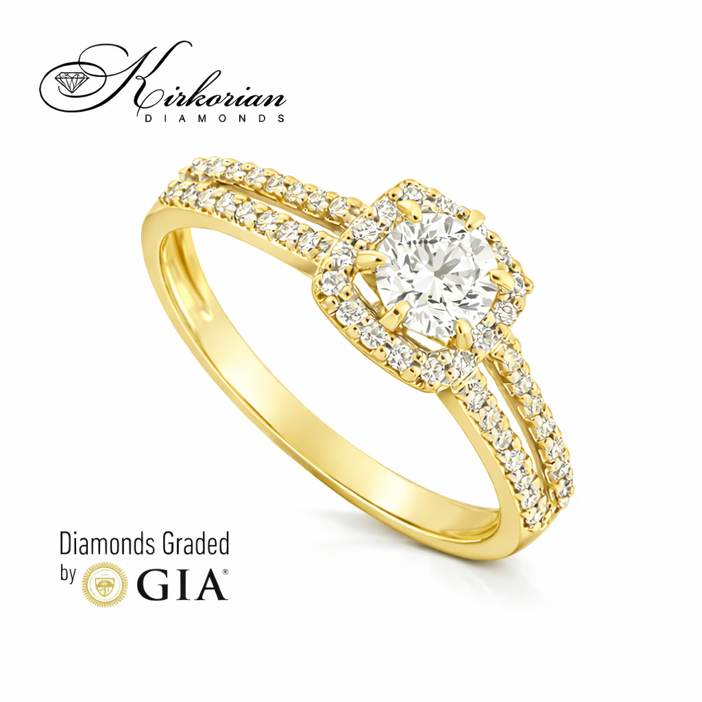 Луксозен годежен пръстен от жълто злато 18K с централен GIA диамант 0.44 ct и диаманти по халката – RN462B