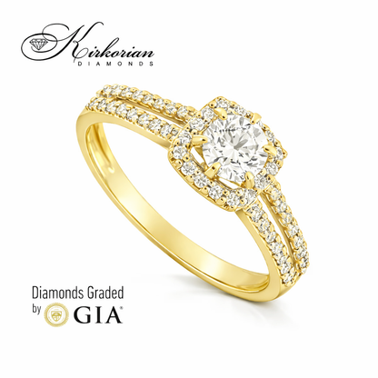 Луксозен годежен пръстен от жълто злато 18K с централен GIA диамант 0.44 ct и диаманти по халката – RN462B