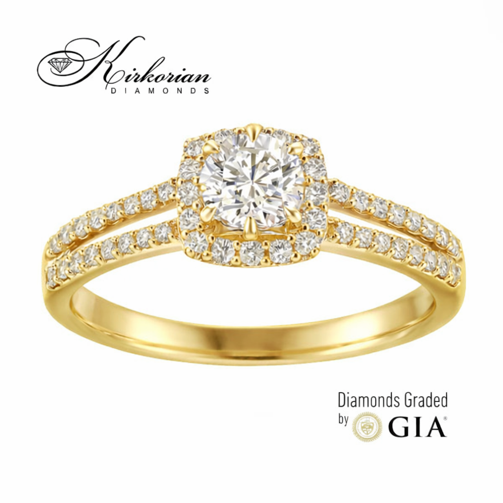 Фронтален изглед на годежен пръстен от жълто злато 18K с GIA диамант 0.44 ct и паве диаманти – RN462B