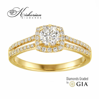 Фронтален изглед на годежен пръстен от жълто злато 18K с GIA диамант 0.44 ct и паве диаманти – RN462B