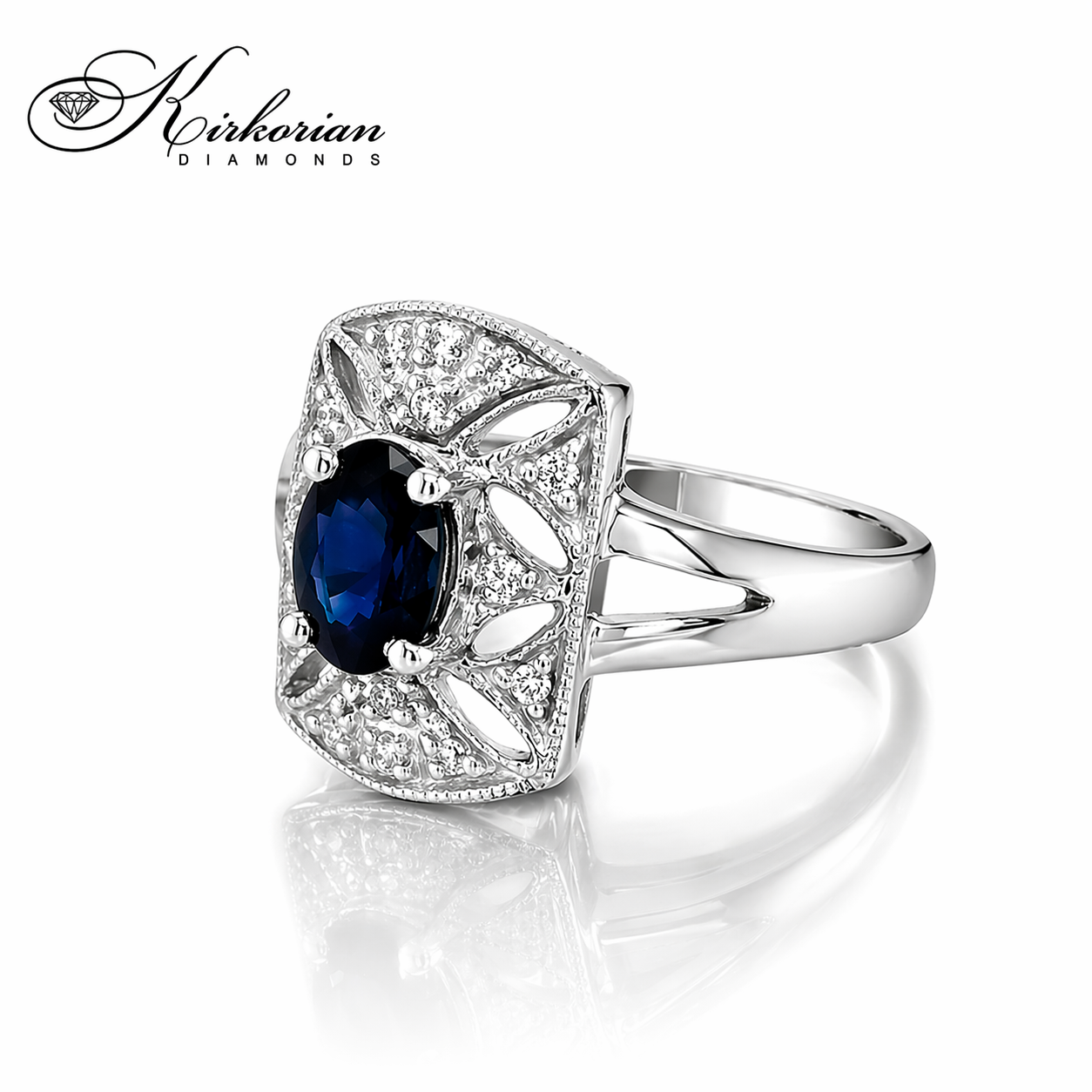 Дамски пръстен със сапфир и диаманти 0.10 ct от бяло злато 14К RN465 елегантен дизайн на ръка луксозна визия