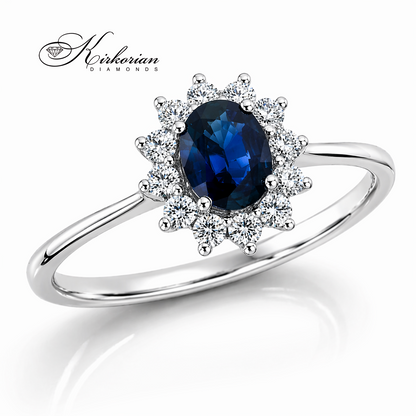 Луксозен годежен пръстен със син сапфир 0.60 ct и диаманти 0.20 ct бяло злато 18К RN48