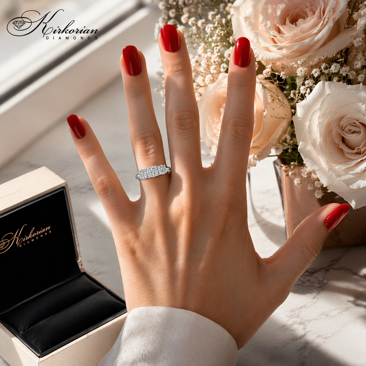 Годежен пръстен на ръка с диаманти 0.54ct от бяло злато 18K елегантен дизайн три коронки RN59