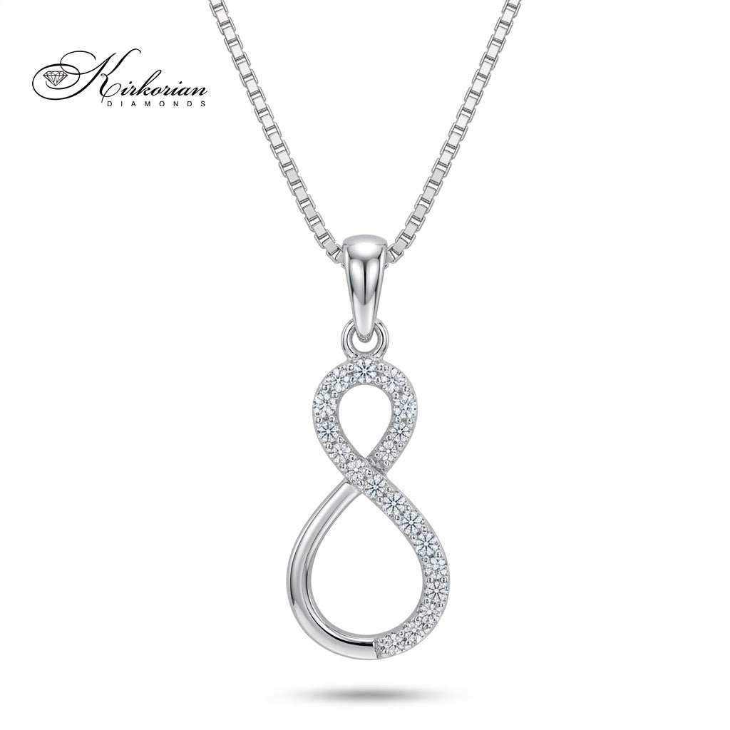 Колие Безкрайност от бяло злато 14К с естествени диаманти 0.08 ct – Infinity висулка символ на вечната любов модел RN76 Kirkorian Diamonds