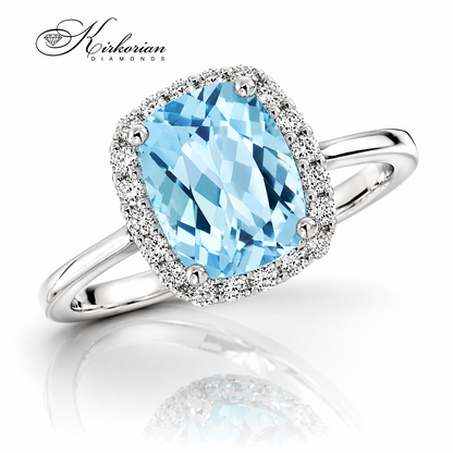 Годежен пръстен с голям син топаз 2.41 ct и диаманти 0.21 ct бяло злато 14К модел RN80