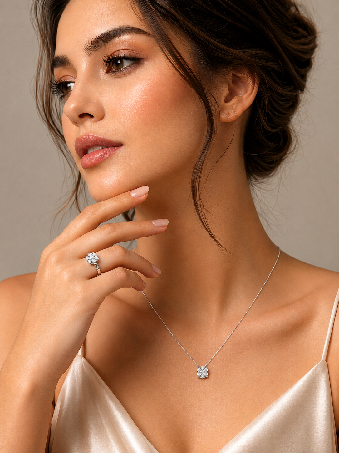 Луксозно колие от бяло злато 18К с естествени диаманти 0.20 ct RN83B Kirkorian Diamonds върху модел – елегантно дамско диамантено колие за специален повод