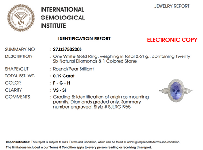 Годежен пръстен от бяло злато 18k с танзанит 1.39ct и диаманти 0.19ct IGI RT13