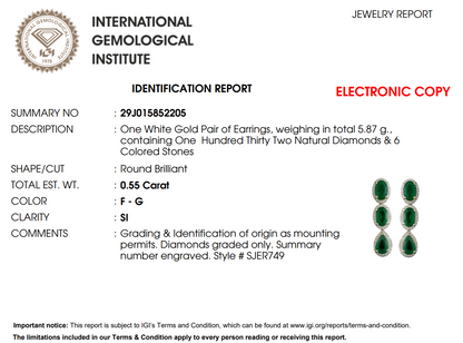 Висящи обеци от бяло злато 18К със смарагди 3.95 ct и диаманти 0.55 ct IGI сертификат Перфектно съотношение цена качество Код RT7