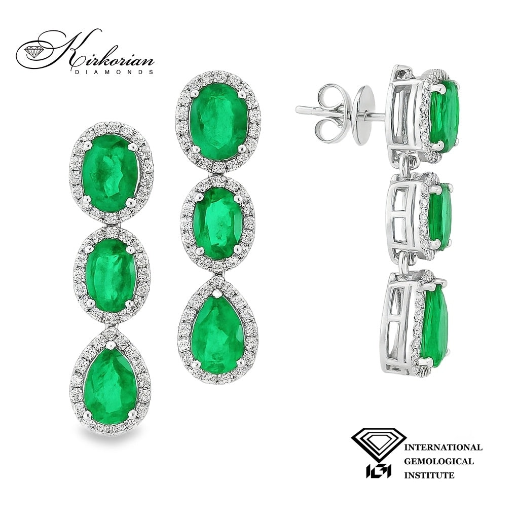 Висящи обеци от бяло злато 18К със смарагди 3.95 ct и диаманти 0.55 ct IGI сертификат Перфектно съотношение цена качество Код RT7