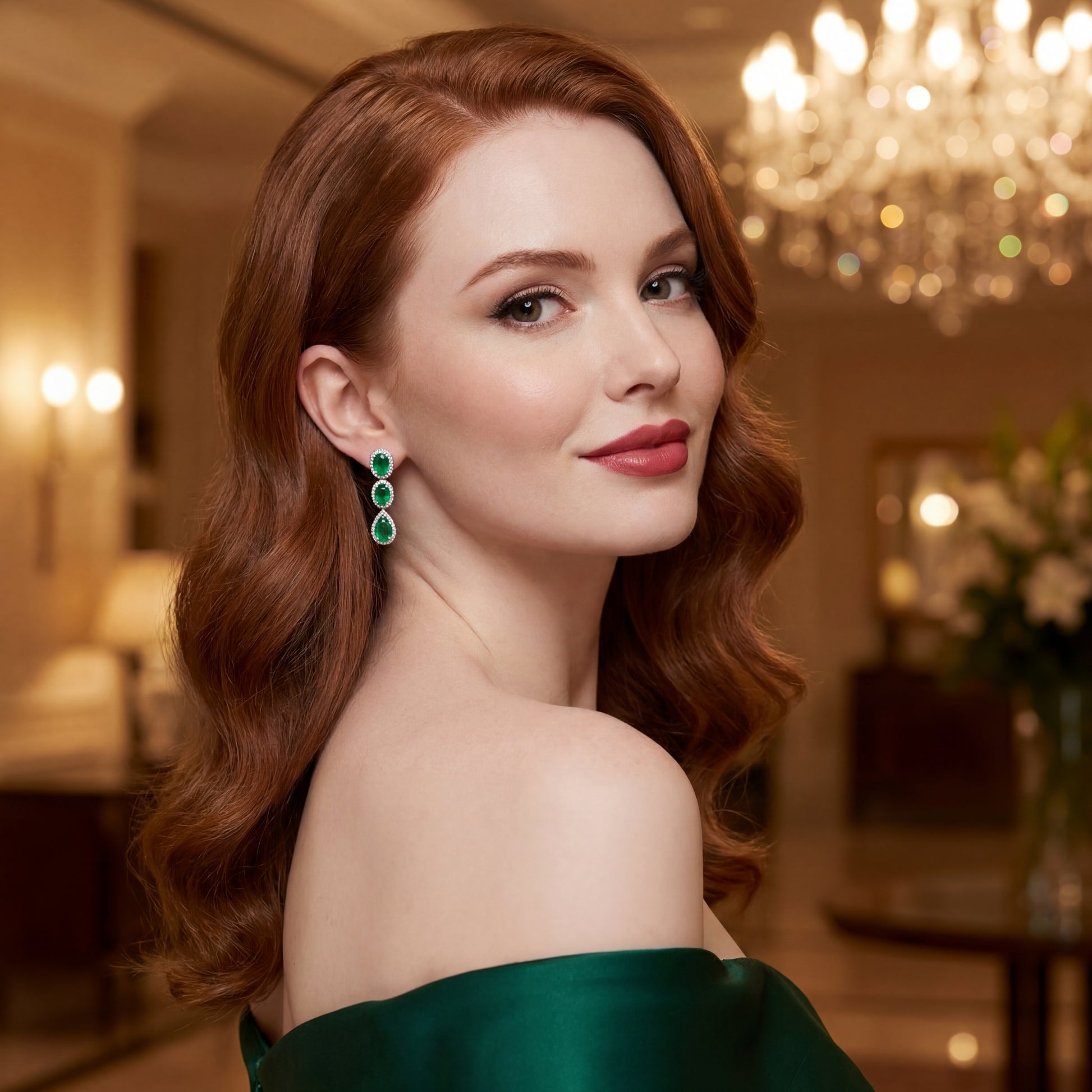 Луксозни висящи обеци от бяло злато 18K със смарагди 3.95 ct и диаманти 0.55 ct модел RT7 върху модел