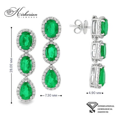 Висящи обеци от бяло злато 18К със смарагди 3.95 ct и диаманти 0.55 ct IGI сертификат Перфектно съотношение цена качество Код RT7