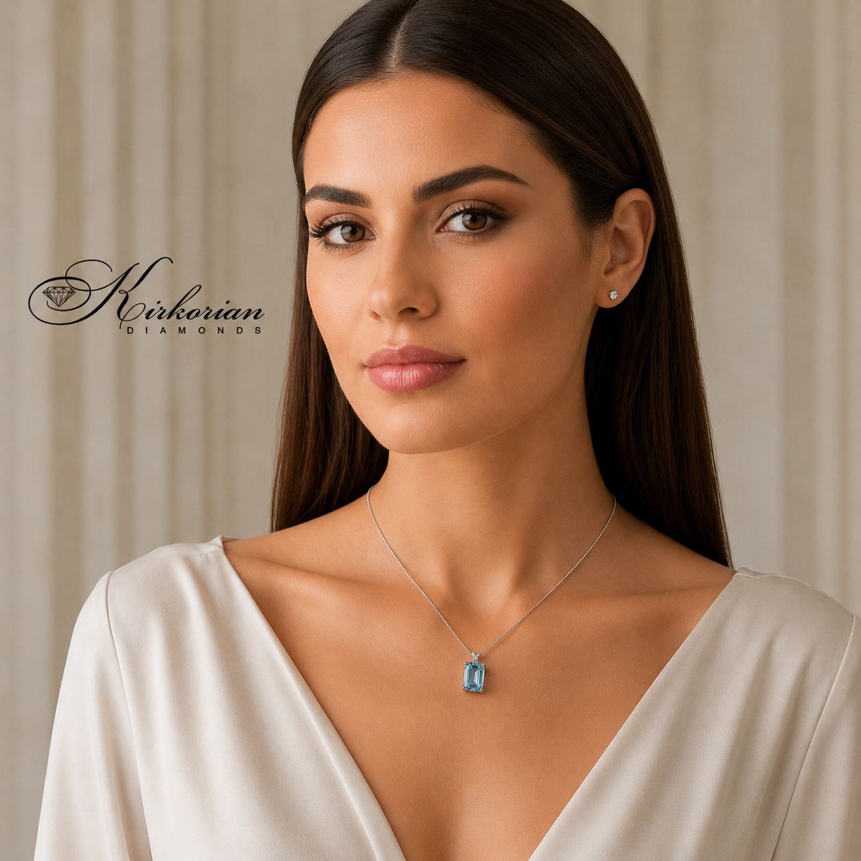 Дамски модел, носещ колие от бяло злато 18K с естествен аквамарин 1.22 ct и диамант – модел S103153 от Kirkorian Diamonds