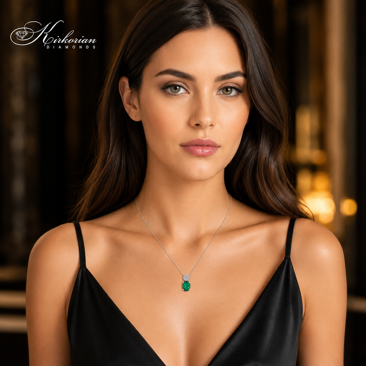 Дамски модел, носещ колие от бяло злато 18K с естествен смарагд 0.40 ct и диаманти 0.05 ct – модел S122641 от Kirkorian Diamonds