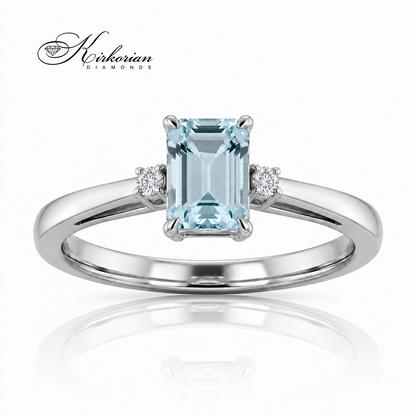 Годежен пръстен S189905 от бяло злато 18К с правоъгълен аквамарин 0.93 ct и странични диаманти
