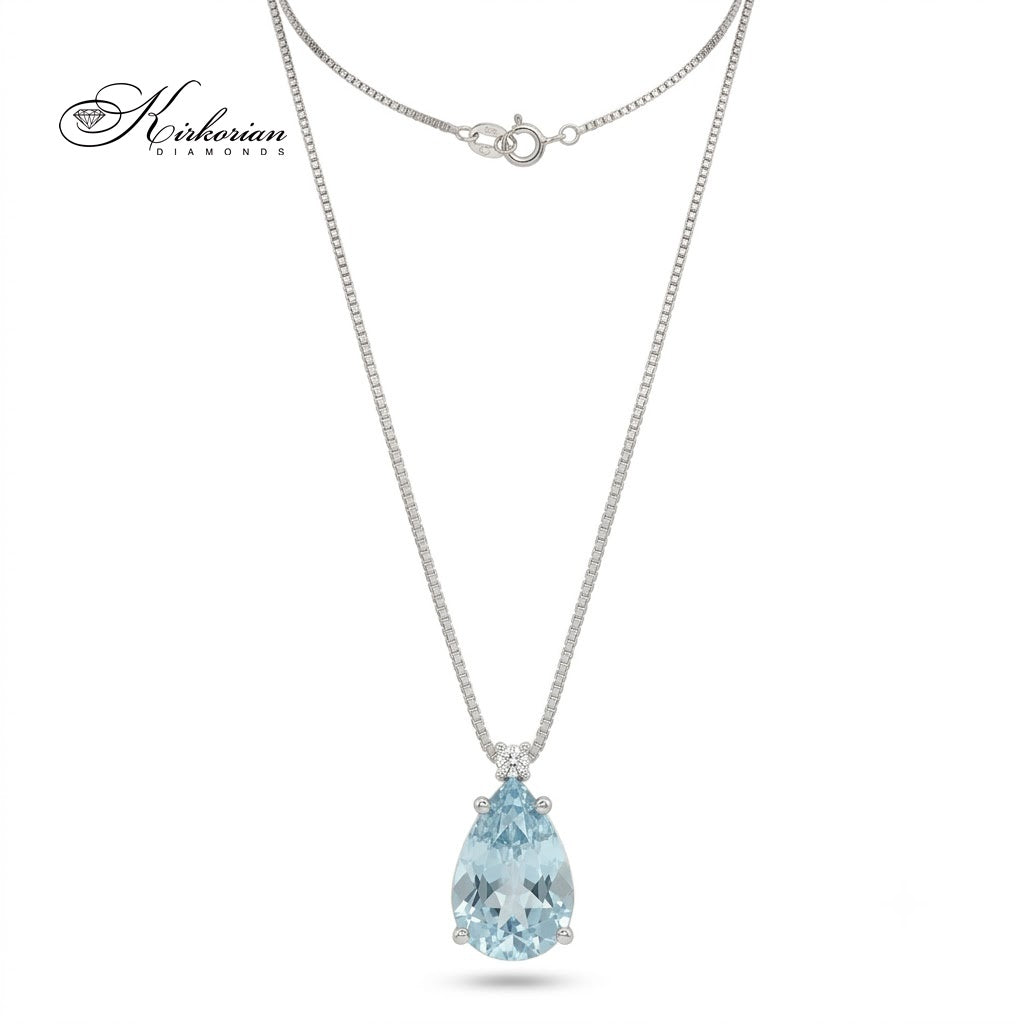 Колие от бяло злато 18K с естествен капковиден аквамарин 1.12 ct и диамант 0.02 ct – модел S190799 от Kirkorian Diamonds
