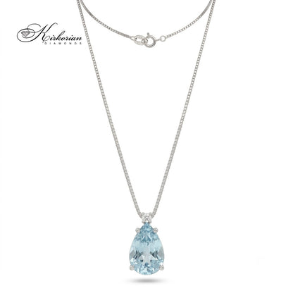 Колие от бяло злато 18K с естествен капковиден аквамарин 1.12 ct и диамант 0.02 ct – модел S190799 от Kirkorian Diamonds