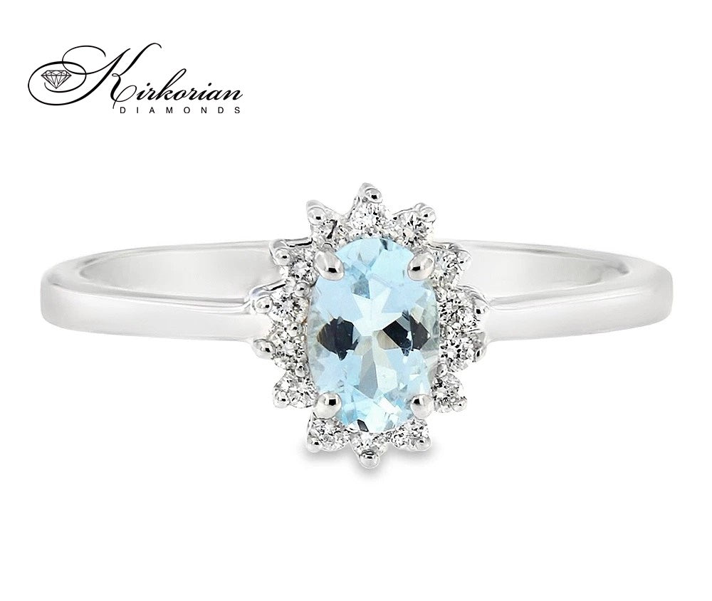Годежен пръстен с аквамарин 0.38ct и диаманти 0.12ct от бяло злато 18К – луксозна изработка с естествени камъни
