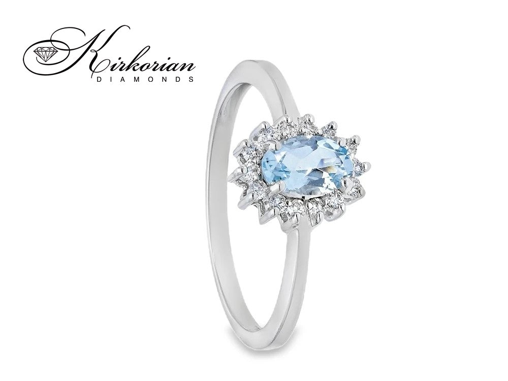 Годежен пръстен с аквамарин 0.38ct и диаманти 0.12ct от бяло злато 18К – луксозна изработка с естествени камъни