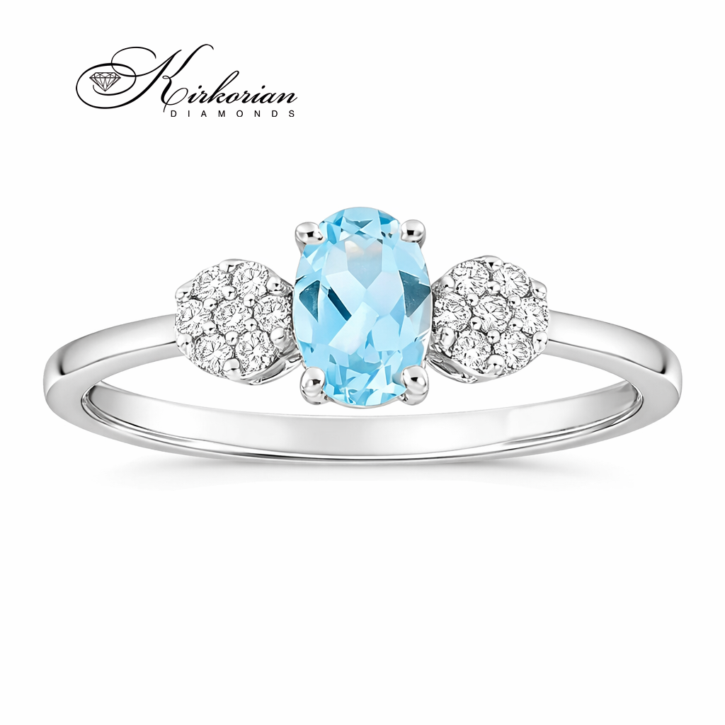 Пръстен от бяло злато 18К с аквамарин 0.43 ct и диаманти класически дизайн с овален син камък S222700