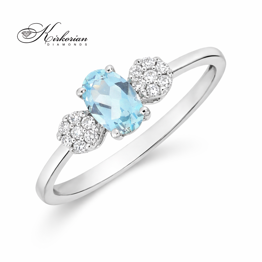 Пръстен от бяло злато 18К с аквамарин 0.43 ct и диаманти елегантен дизайн с овален аквамарин и диамантени клъстери S222700