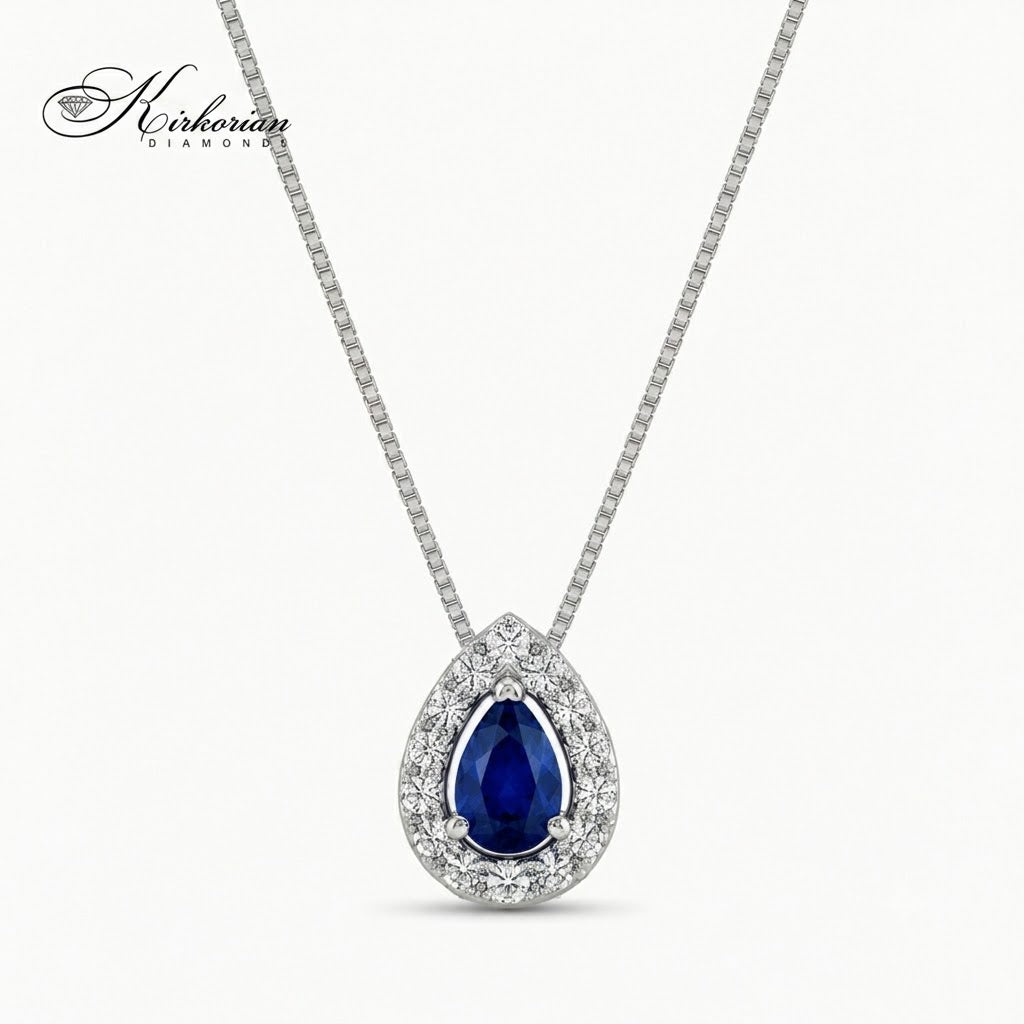Колие от бяло злато 18K с естествен капковиден сапфир 0.25 ct и диаманти 0.09 ct – модел S225826 от Kirkorian Diamonds