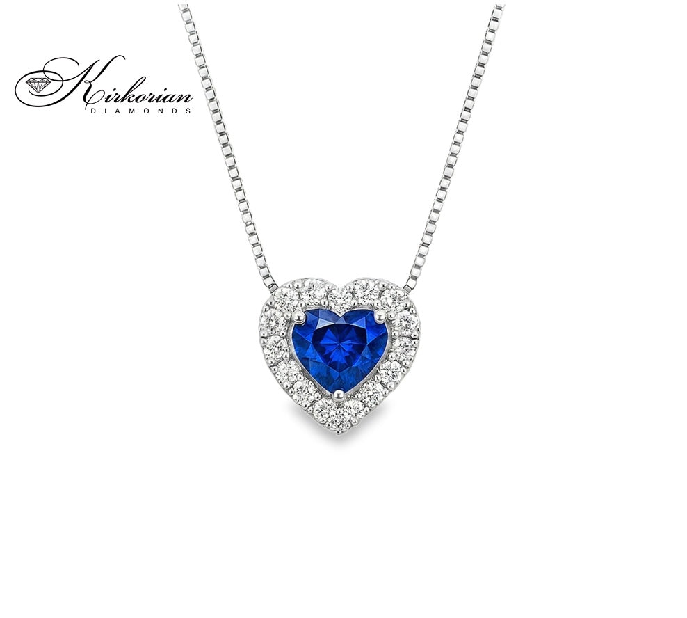 Колие сърце от бяло злато 18К с сапфир 0.28ct и диаманти 0.09ct | Kirkorian Diamonds