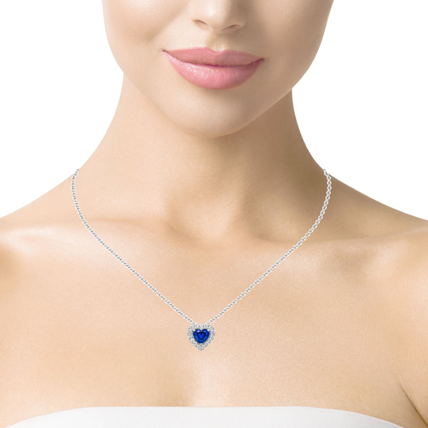 Колие сърце от бяло злато 18К с сапфир 0.28ct и диаманти 0.09ct | Kirkorian Diamonds