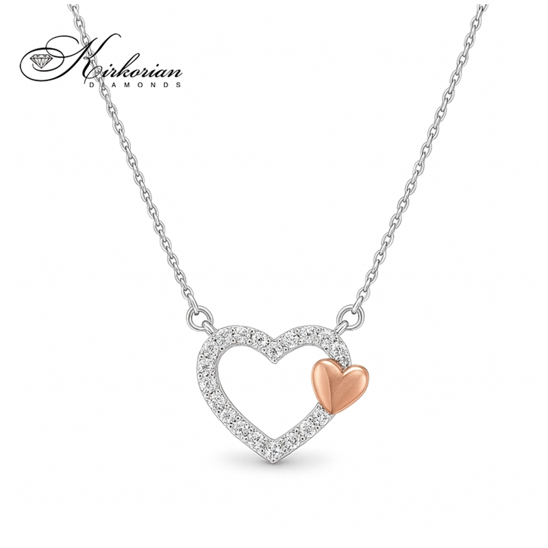 Колие сърце от бяло и розово злато 18К с диаманти 0.06ct | Kirkorian Diamonds