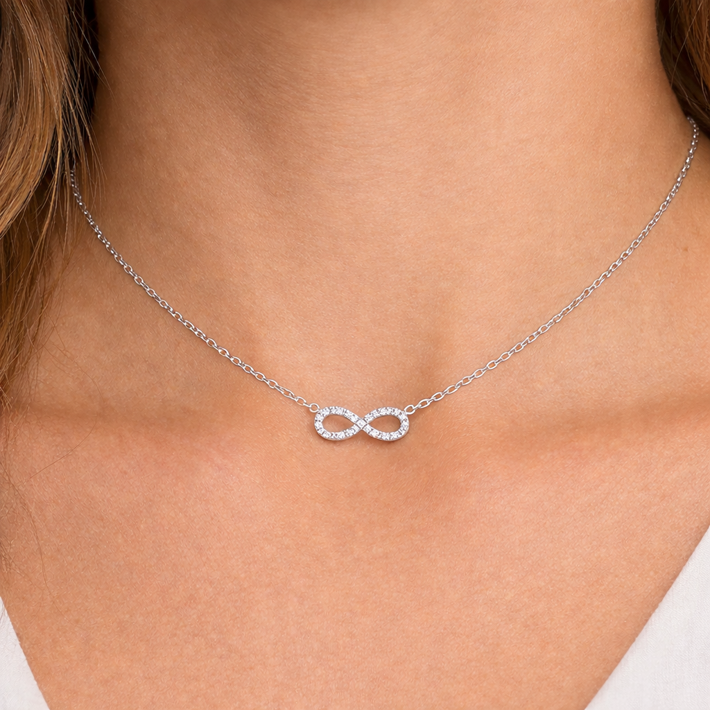 Колие безкрайност от бяло злато 18К с диаманти 0.04ct | Kirkorian Diamonds
