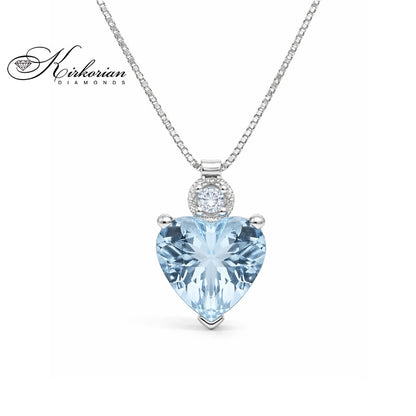 Колие Сърце от Бяло Злато 18К с Аквамарин 1.00 Карата и Диамант 0.02 Карата - Код S244591 | Kirkorian Diamonds