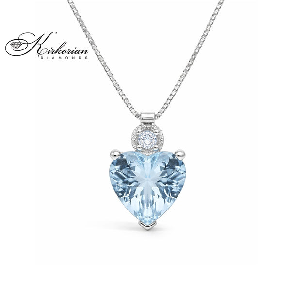Колие Сърце от Бяло Злато 18К с Аквамарин 1.00 Карата и Диамант 0.02 Карата - Код S244591 | Kirkorian Diamonds