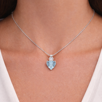 Колие Сърце от Бяло Злато 18К с Аквамарин 1.00 Карата и Диамант 0.02 Карата - Код S244591 | Kirkorian Diamonds