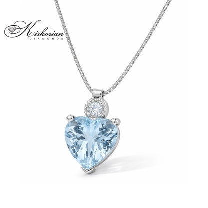 Колие Сърце от Бяло Злато 18К с Аквамарин 1.00 Карата и Диамант 0.02 Карата - Код S244591 | Kirkorian Diamonds
