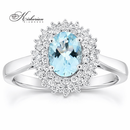 Пръстен от бяло злато 18K с аквамарин 0.73 ct и диаманти 0.25 ct halo дизайн S254189