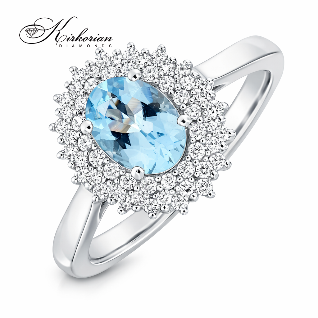 Halo пръстен от бяло злато 18K с естествен аквамарин 0.73 ct и диаманти 0.25 ct S254189