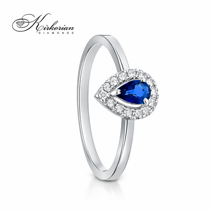 Пръстен от бяло злато 18К със сапфир 0.27 ct и диаманти 0.09 ct на ръка – елегантен дамски пръстен със сапфир и диамантен ореол, луксозно бижу на изгодна цена, код S254344