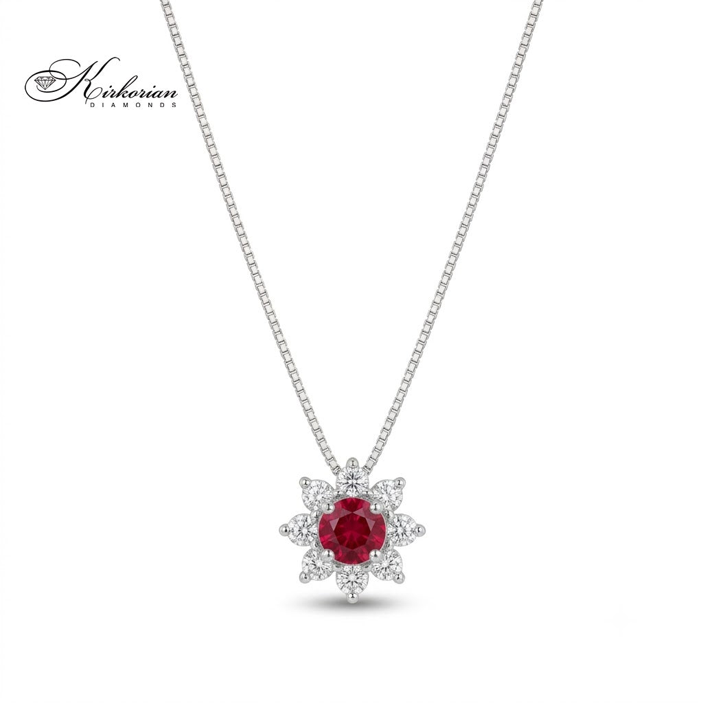 Колие от 18К бяло злато с централен червен рубин 0.18 ct и ореол от диаманти