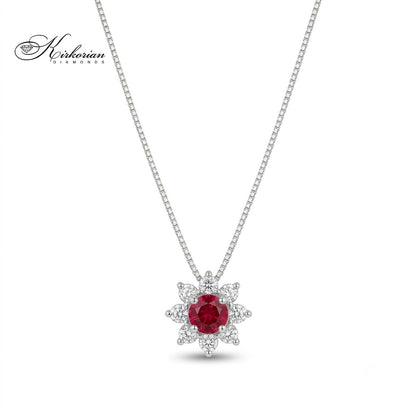 Колие от 18К бяло злато с централен червен рубин 0.18 ct и ореол от диаманти