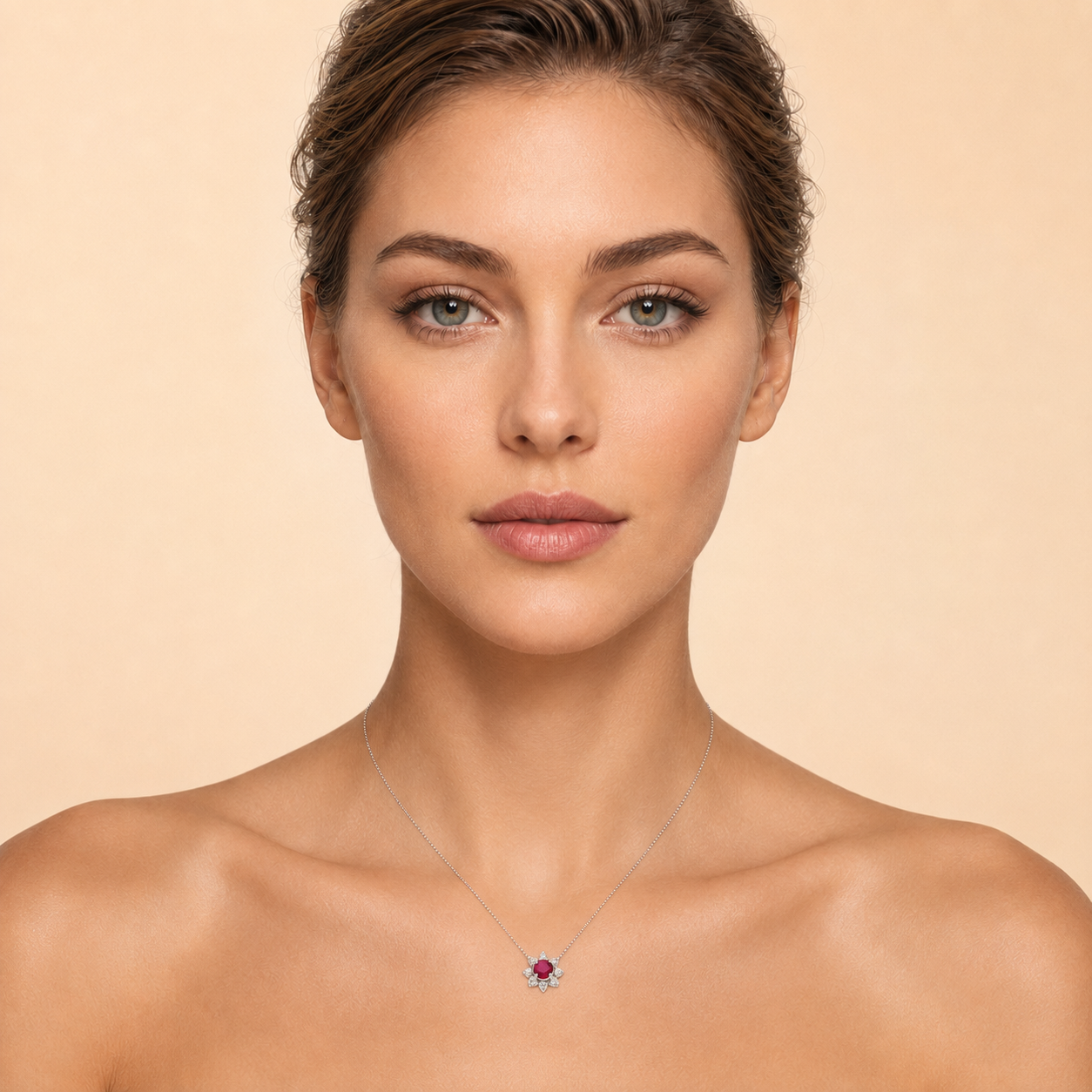 Дамско колие от 18К бяло злато с рубин 0.18 ct и диаманти върху модел – Kirkorian Diamonds