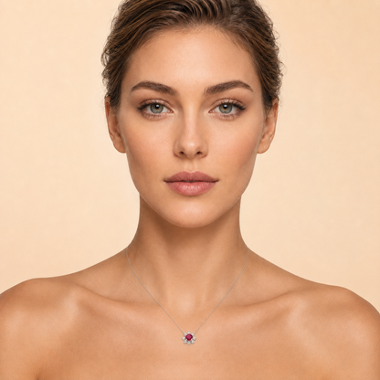 Дамско колие от 18К бяло злато с рубин 0.18 ct и диаманти върху модел – Kirkorian Diamonds