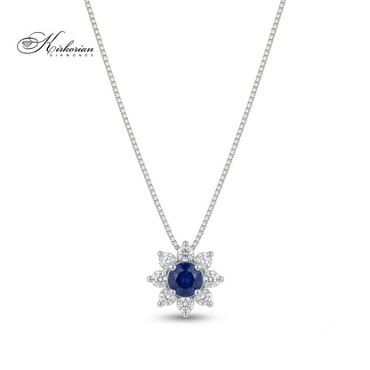 Колие от 18К бяло злато с централен син сапфир 0.18 ct и ореол от диаманти