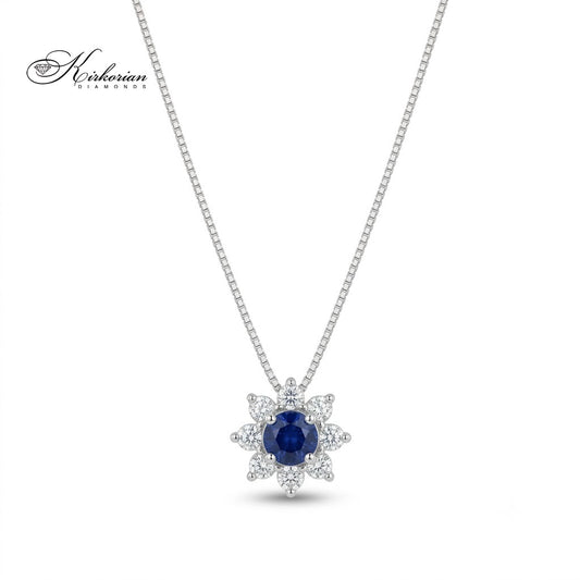 Колие от 18К бяло злато с централен син сапфир 0.18 ct и ореол от диаманти