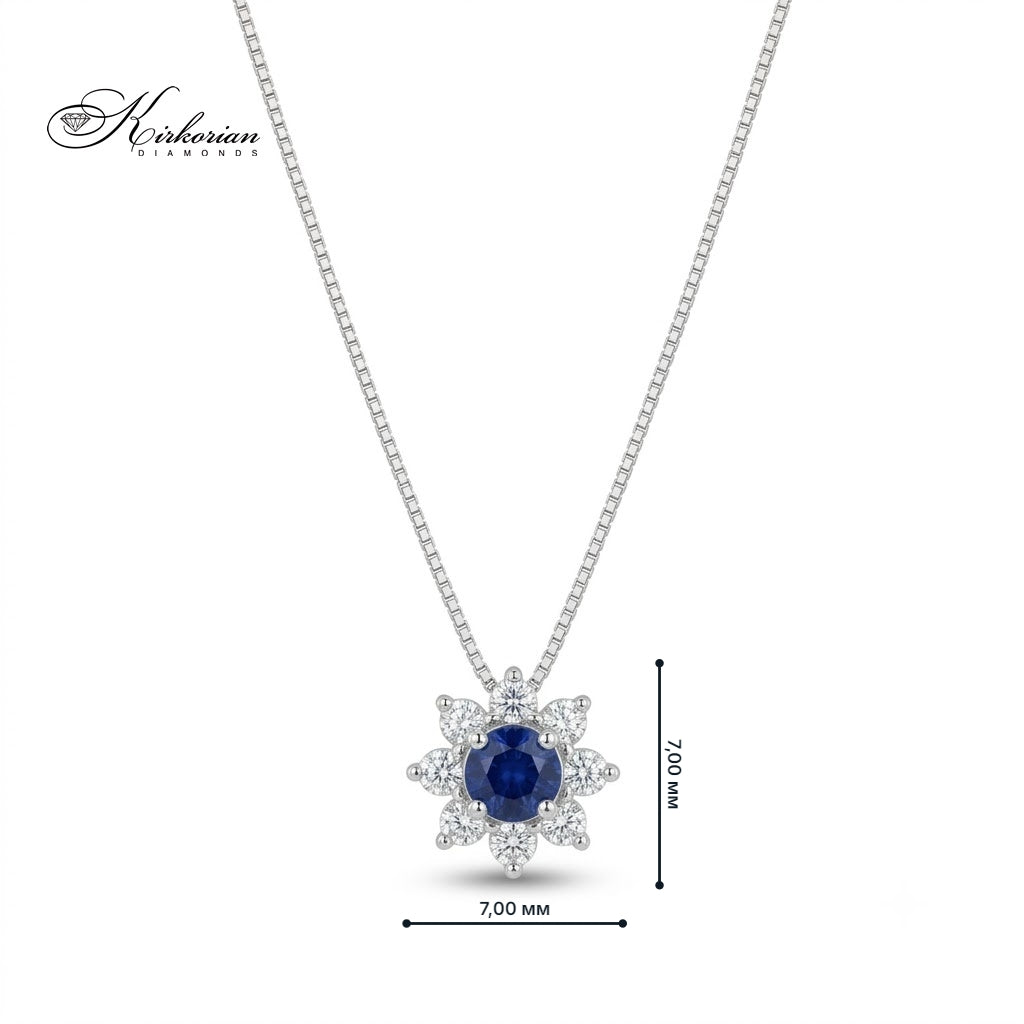 Колие от 18К бяло злато със сапфир 0.18 ct и диаманти, висулка 7 х 7 мм