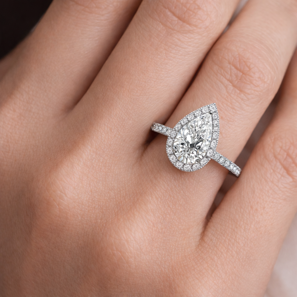 Pear лабораторен диамант годежен пръстен на ръка