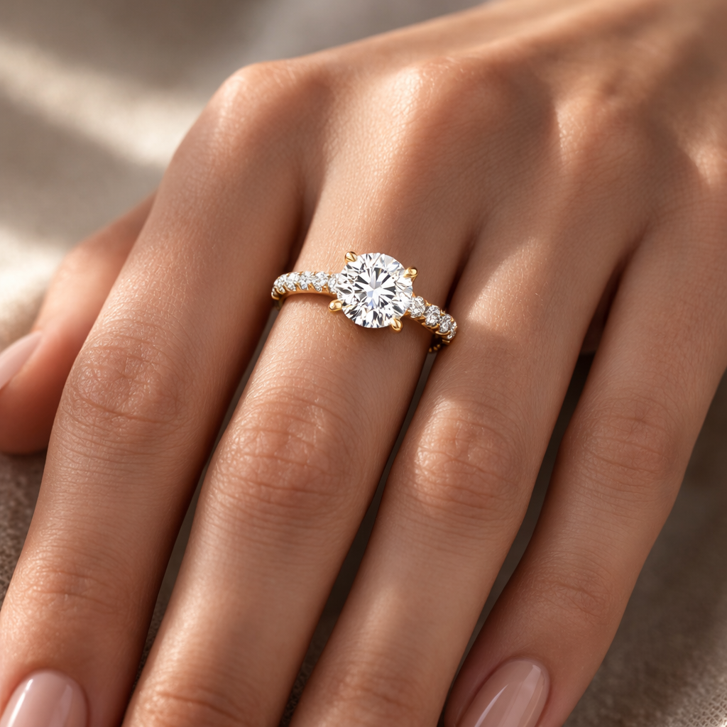 годежен пръстен 1 карат лабораторен диамант върху ръка бяло злато 14К