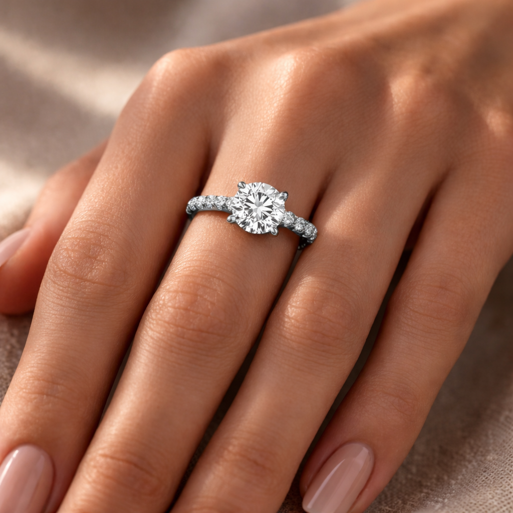 годежен пръстен 1 карат върху ръка бяло злато 585