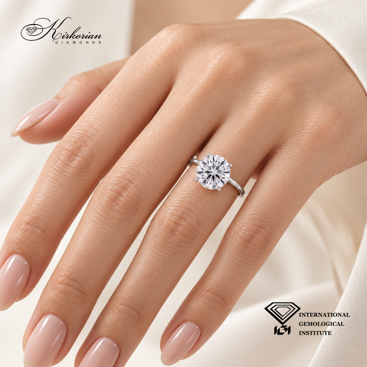 Годежен пръстен с лабораторен диамант 3,00 ct, представен върху женска ръка

