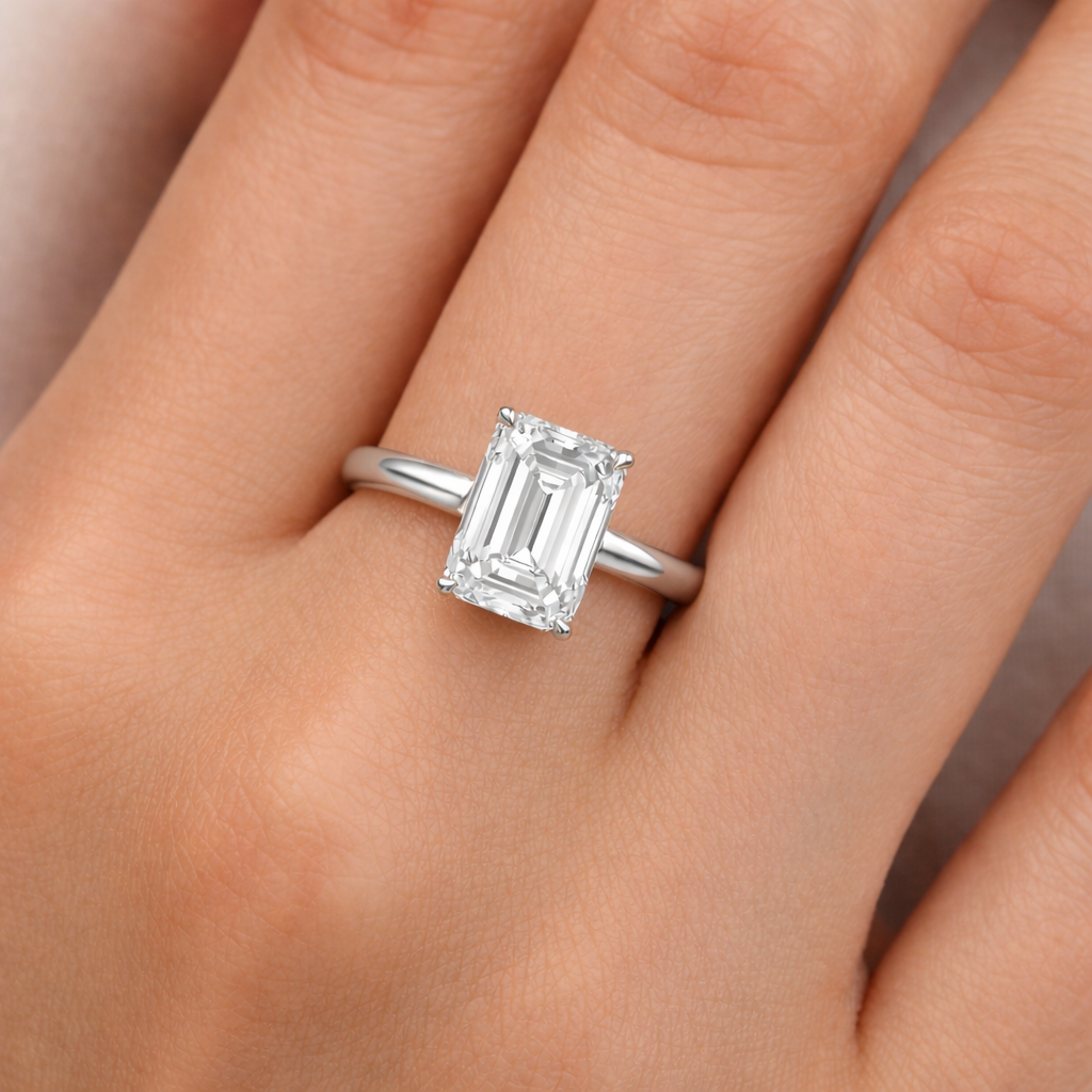 Годежен пръстен Emerald Cut 1.59 ct E VS2 IGI от бяло злато 14К върху ръка